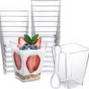 SHOPDAY 5 oz Plastic Dessert Cups 50 Pack Small Clear Square Parfait Cups with Spoons, Mini Plastic Tumbler Serving Cups for Tasting Party Appetizers Mousse Yogurt