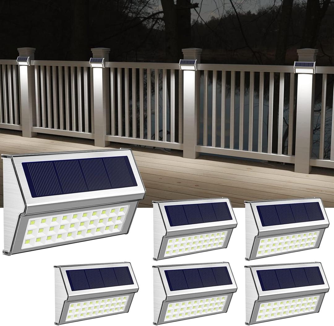 ROSHWEY Solar Lights Outdoor 6 Pack 30 LED Deck Lights Solar Powered Waterproof Outside Stair Light Fence Post Lamp Outdoor Decor for Patio Step Pool Yard Walkway, Cool White Light