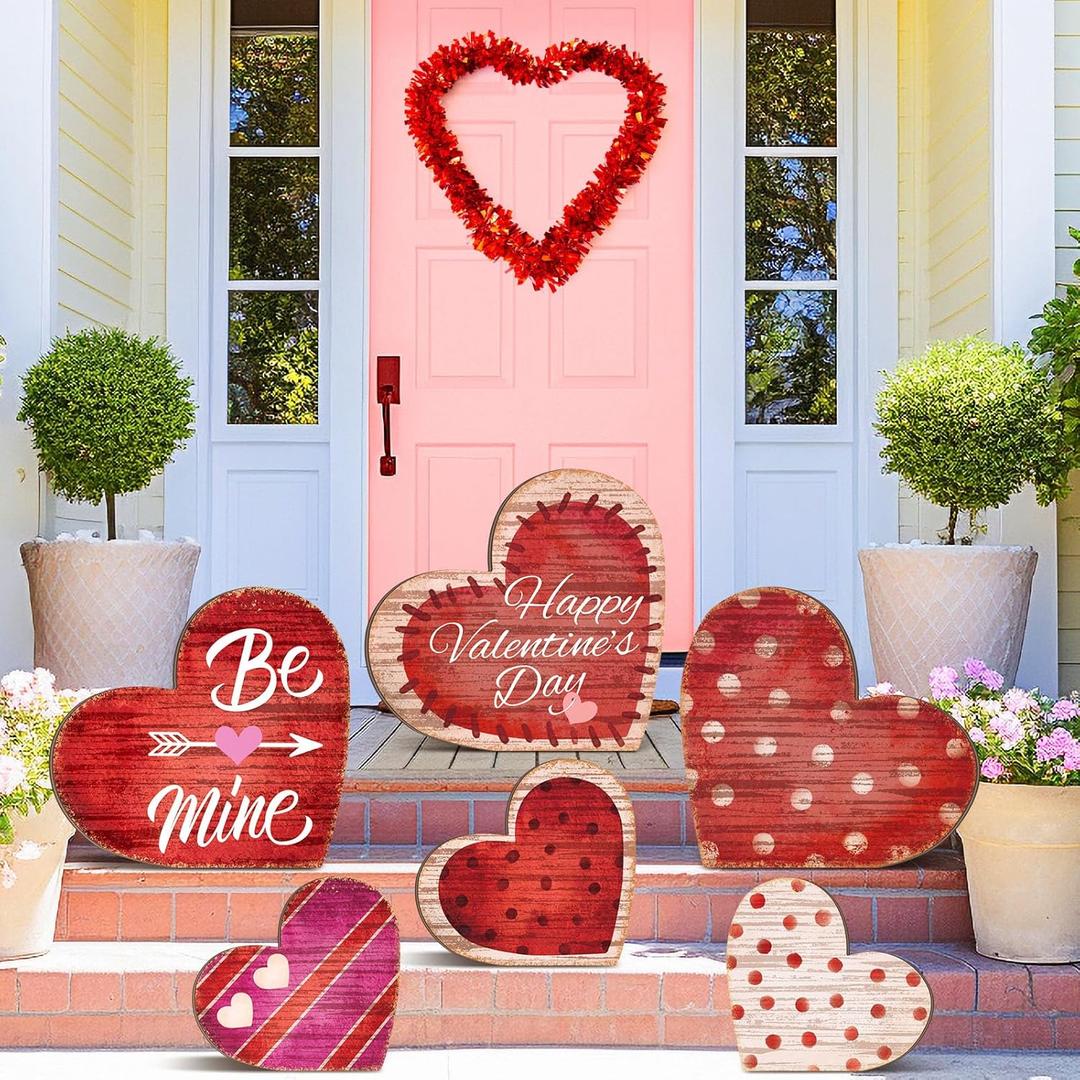 6 Piece Valentine's Day Decorations Outdoor Large Heart Wooden Porch Signs Valentines Wood Love Ornaments Sign for Valentine's Day Front Door Home Farmhouse Garden Patio Wedding