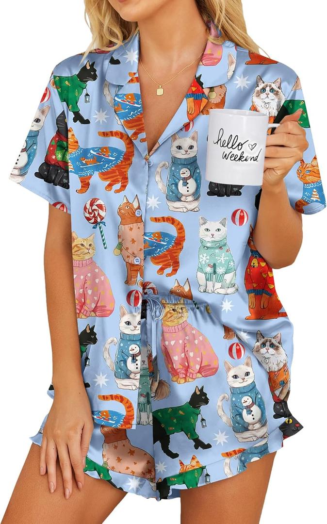 Ekouaer Women's Satin Pajamas Set Button Down 2 Piece Silk Pjs Shorts Set Ruffle Lingerie Notch Collar Sleepwear (Small, Cat Collection)