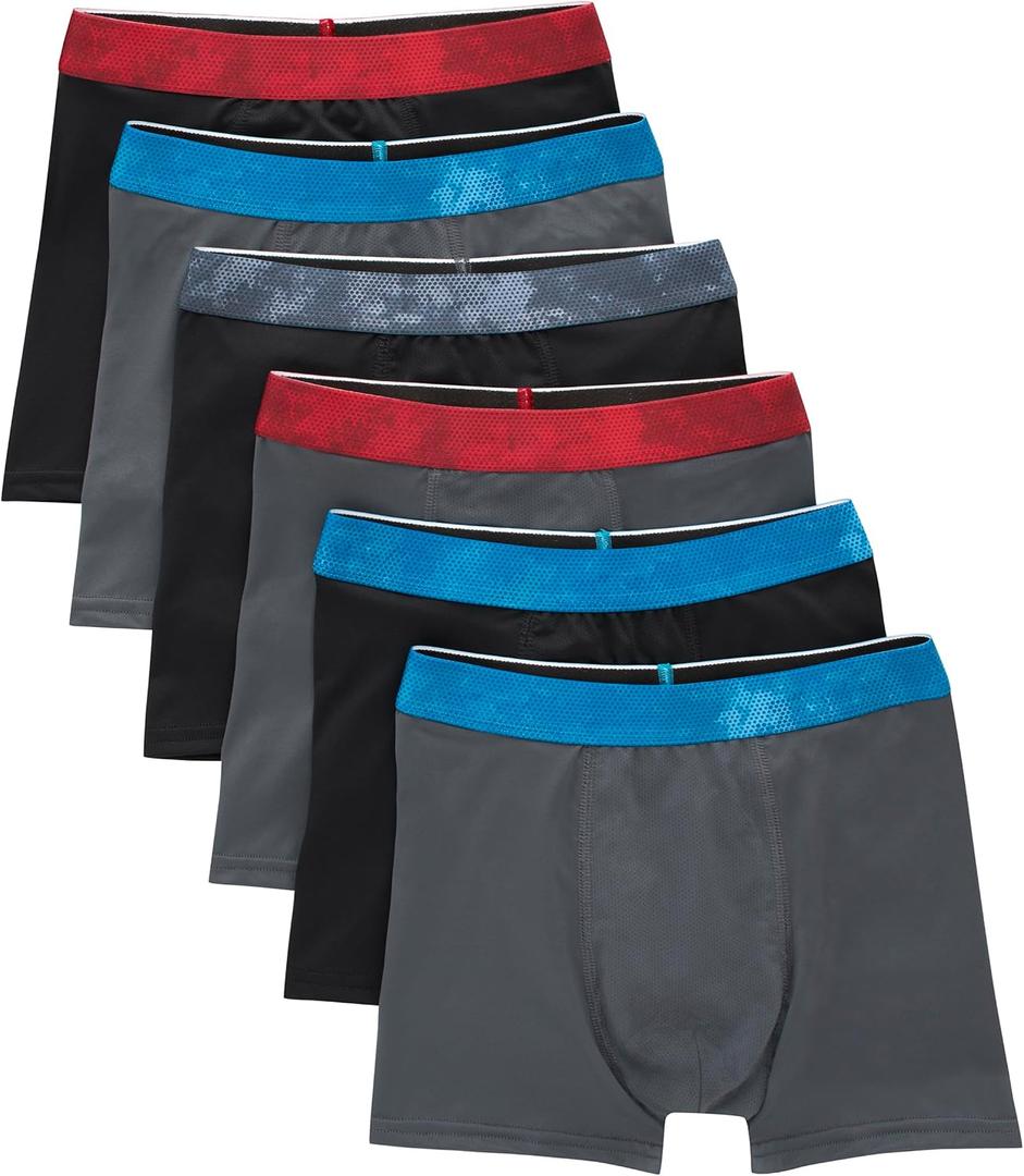 Hanes Boys' Big Performance Tween Boxer Brief Pack, X-Temp Mesh Stretch Underwear, Black, 6-Pack (Large)