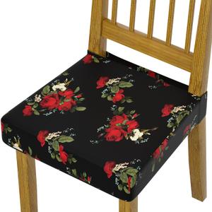 Waterproof Chair Seat Covers Dining Room Set of 4,Soft Printed Patterned Stretch Non Slip Removable Washable Dining Seat Cover Protector Cover for Home Hotel Banquet Party Black Red White Rose Floral