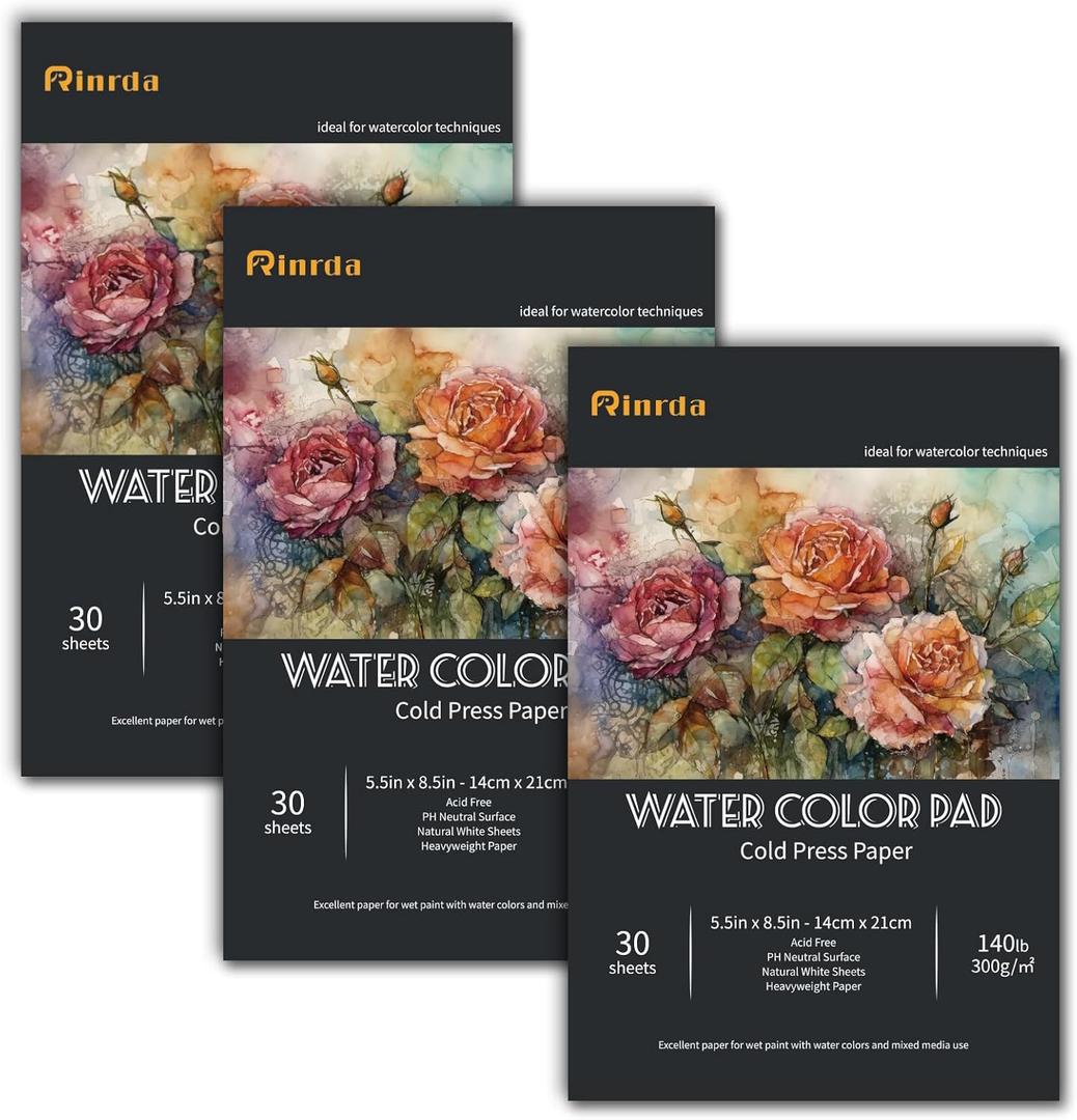 Rinrda Watercolor Pads 5.5x8.5in 3 Pack,90 Sheets of Water Color Paper 140 lb -300GSM Cold Press Acid-Free Paper for Painting & Drawing, Wet, Mixed Media