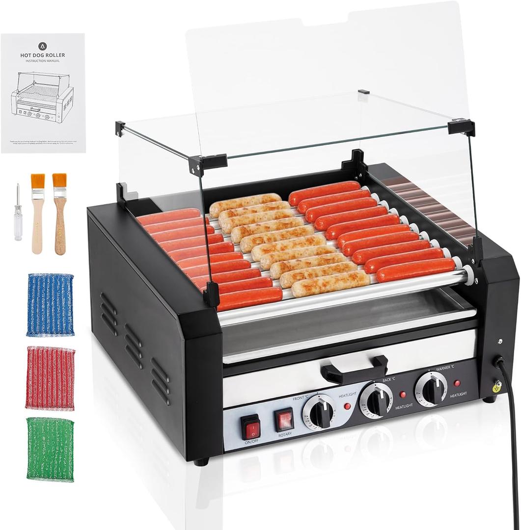Commercial Hot Dog Rollers with Drawers, 11 Rollers 30 Hotdog Roller Grill, Stainless Steel Hot Dog Machine with Dust Cover, Hot Dog Roller Machine with Dual Temp Control