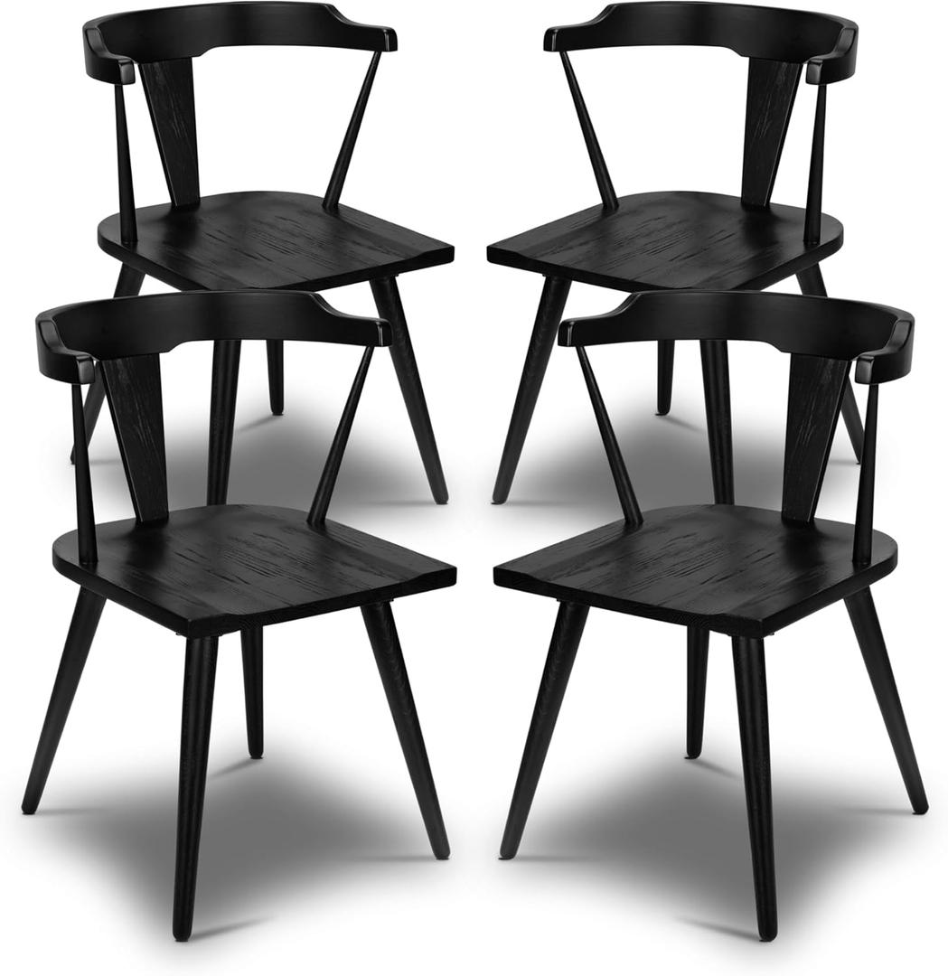 POLY & BARK Mid Century Modern Enzo Black Dining Chair  Solid Oak Wood Splat Back Chair, 18" Seat Height, 32" Tall  Stylish MCM Kitchen & Dining Room Chair - Set of 4