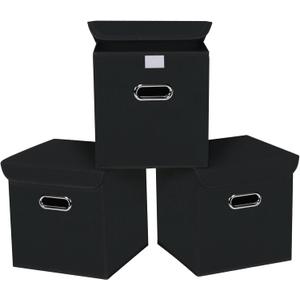 Closet Organizers Fabric Storage Bins With Lids Collapsible Cube Storage Organizer Basket With Handles,Storage Boxes for Clothes Storage,Office,Toys,3 Pack,Black