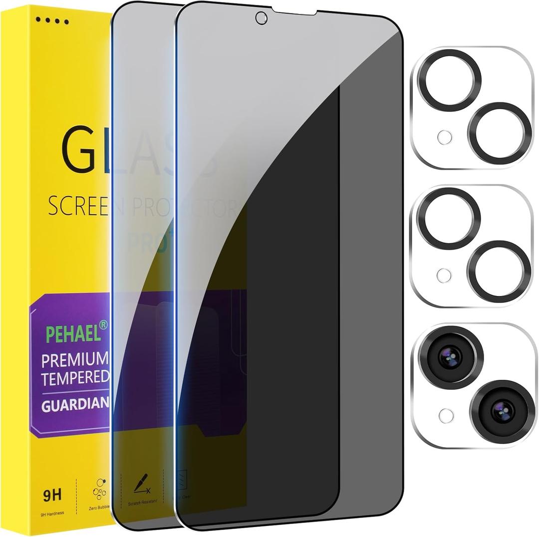 PEHAEL 2+2 Pack for iPhone 14 Plus Privacy Screen Protector with Camera Lens Protector Full Coverage Anti-Spy Tempered Glass Film 9H Hardness Easy Installation Bubble Free [6.7 inch]