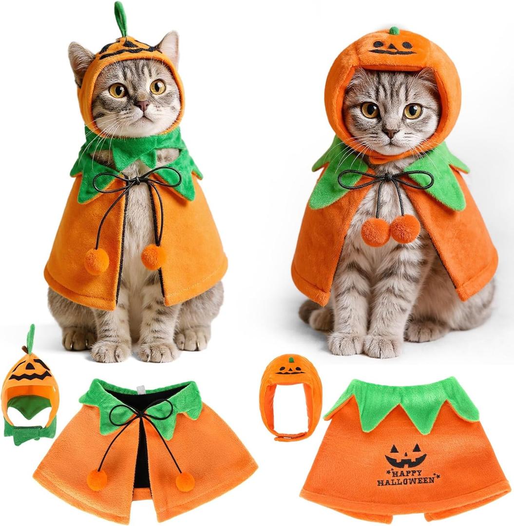 2 Sets Pet Pumpkin Costume Cat Halloween Cloak Hat Set for Dog Cat Halloween Costumes Pumpkin Hat for Dogs Puppy Poncho Small Medium Pets Cosplay (Cute)