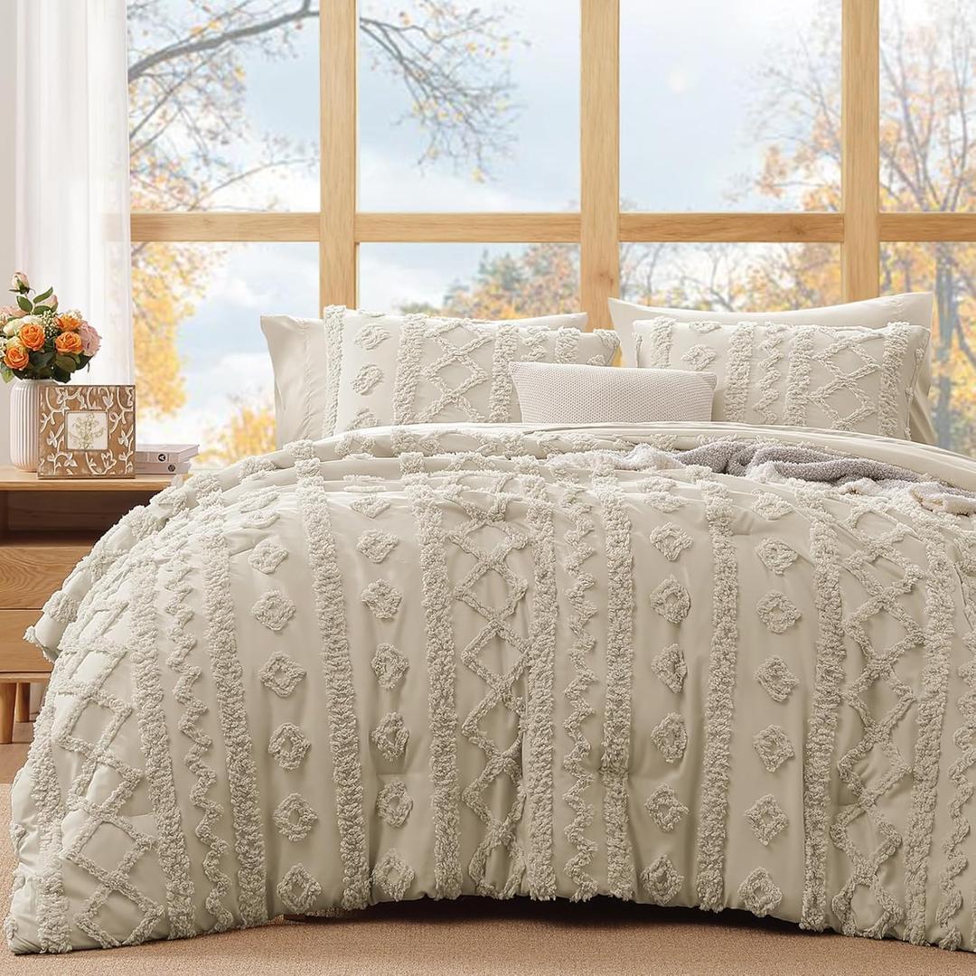 WRENSONGE Queen Size Comforter Set with Sheets - 7 Pieces Beige Tufted Bed in a Bag Queen Shabby Chic Bedding Sets with 1 Comforter, 2 Sheets, 2 Pillowcases & 2 Shams