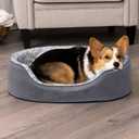 Furhaven Dog Bed for Large/Medium Dogs w/ Removable Washable Cover & Pillow Cushion Insert, For Dogs Up to 30 lbs - Two-Tone Faux Fur & Suede Oval Lounger - Gray, Large