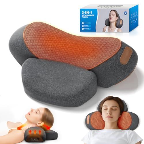 3-in-1 Neck Massager Pillow with Heating and Cervical Traction - Deep Tissue Massage for Pain Relief, Ergonomic Shoulder Massage Pillow, Neck Hump Corrector Ideal Gift for Women and Men Corded