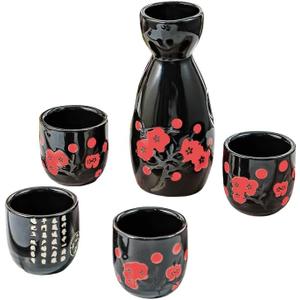 5PCS Hand Painted Japanese Sake Ceramic Set with White and Pink Flowers, Collection