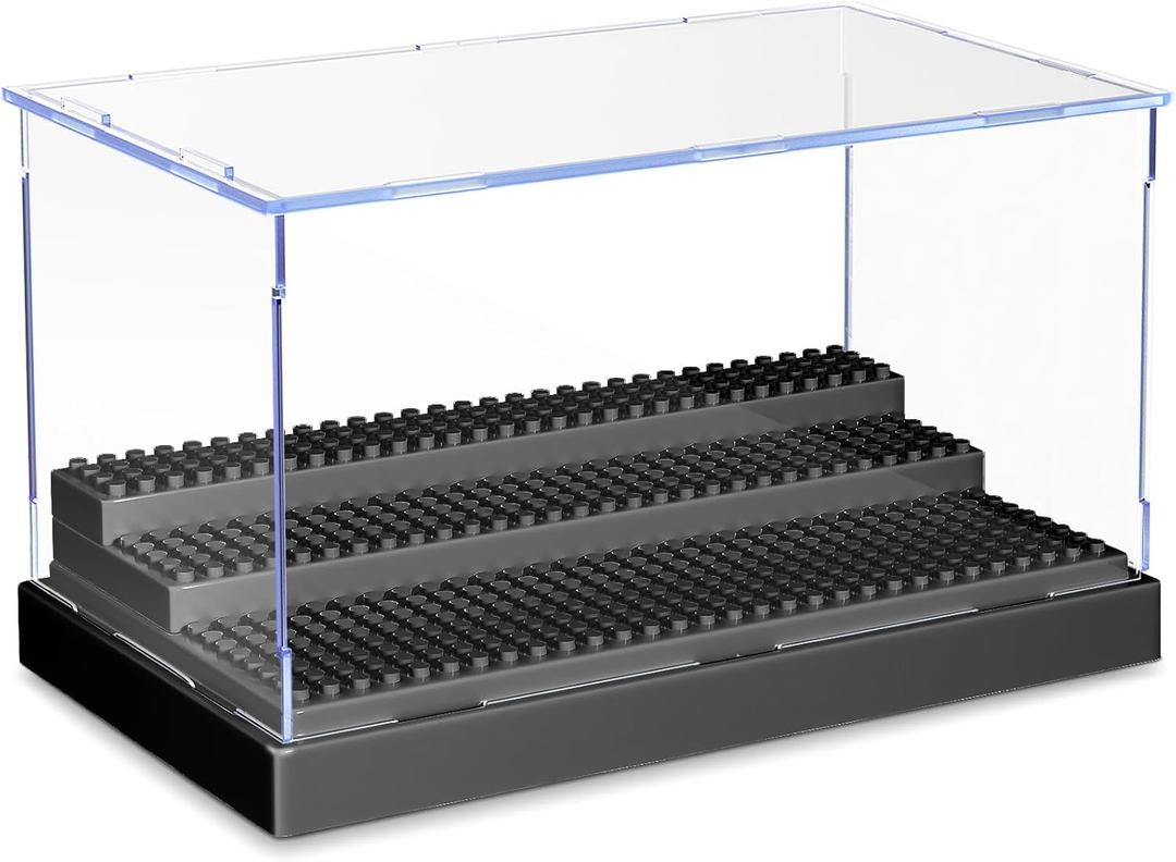 KKU Display Case for Minifigure Action Figures Blocks, Acrylic Minifigure Display Case Box Storage with 3 Movable Steps Gift for Kids Adults (Black, 1 Pack)