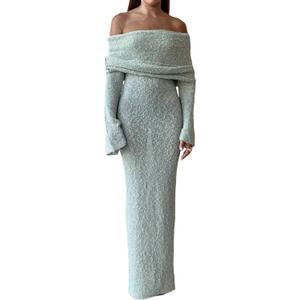 Unybwonn Sexy Off Shoulder Crochet Maxi Dress for Women Bodycon Stretchy Mesh Knit Dress Long Sleeve Party Wrap Dresses (Medium, Green)