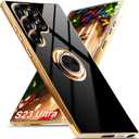 for Samsung Galaxy S23 Ultra 5G Case, Built-in 360 Rotation Ring Holder Magnetic Stand, Luxury Shiny Plating Edge Shockproof Electroplated Protective Phone Cover (Black/Golden)