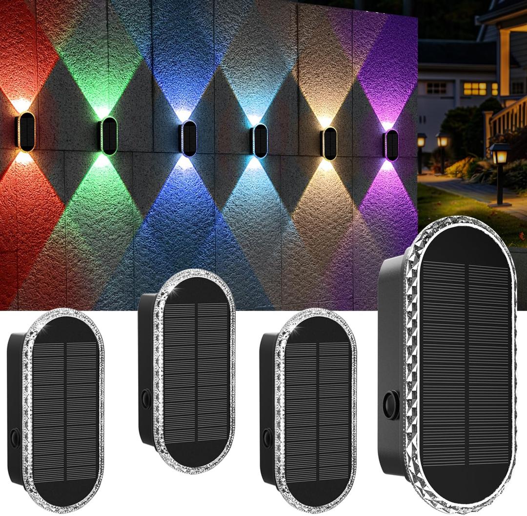 BlueYang Solar Fence Lights Outdoor, Warm White & RGB 8 Modes Solar Wall Lights Outdoor Waterproof, Up&Down Dual-Head Outdoor Solar Lights for Yard House Fence Backyard Deck Garden Patio Porch, 4 PK