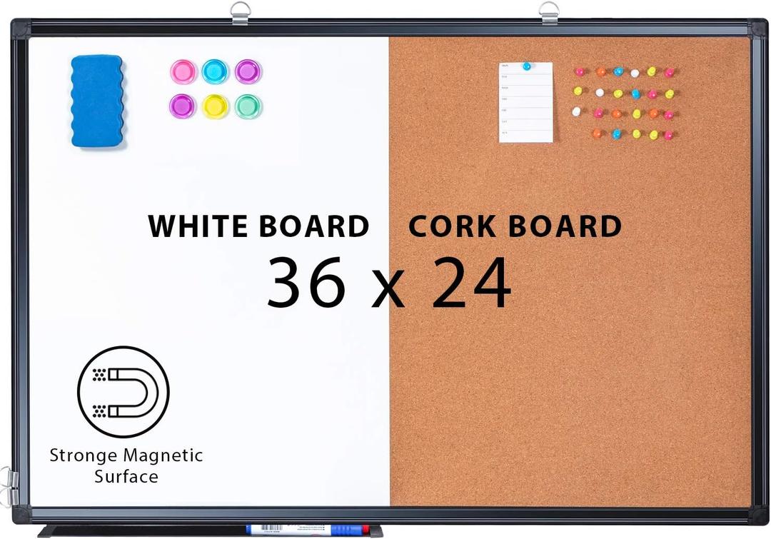 Magnetic White Board and Cork Board Combo 36" x 24" Aluminum Frame（Black）