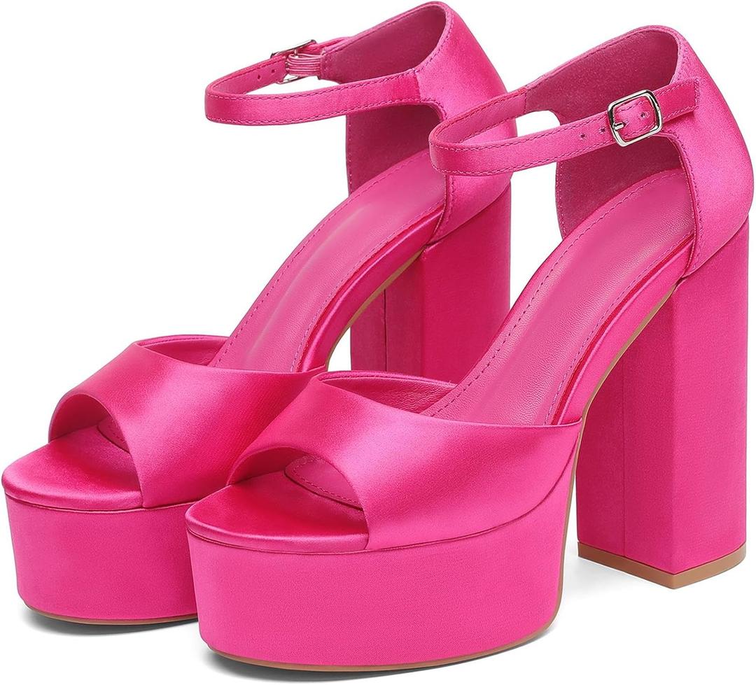 Women's Chunky Platform Heels Ankle Strap Heeled Sandals Open Toe Sexy Pumps for Wedding Party (Pink)