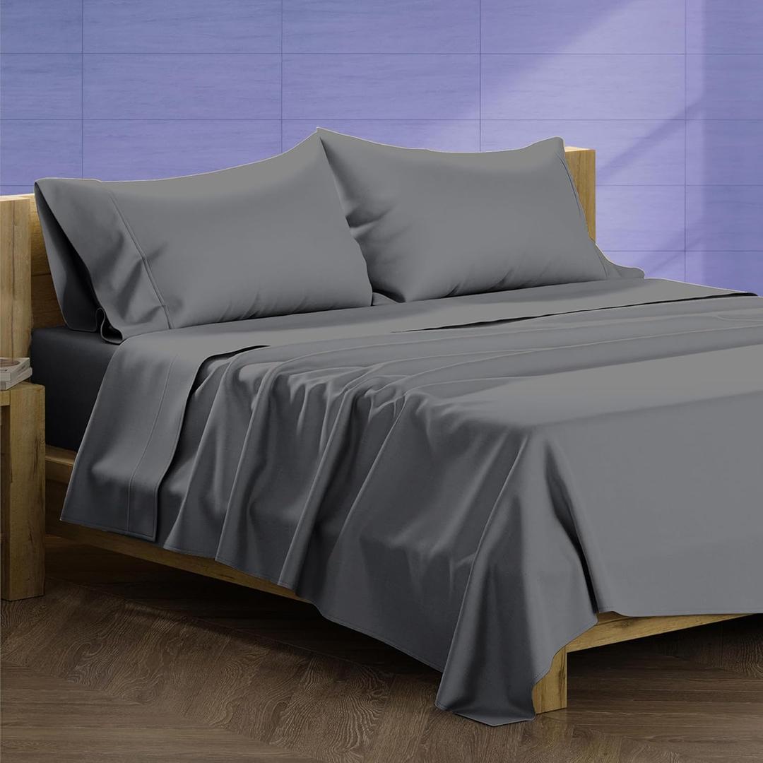 XOOX Linen 100% Egyptian Cotton King Size Sheets Set - Luxury 1500 Thread Count Egyptian Cotton Sheets King Size, 17" Deep Pocket, Soft, Cooling Sateen Weave Hotel Quality Bedding Set - Dark Grey