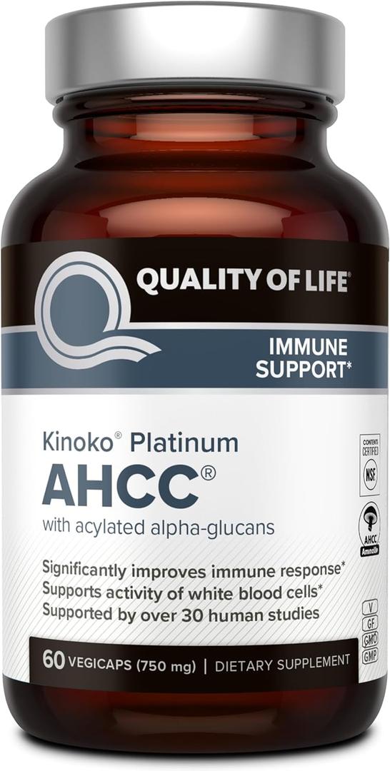 Quality of Life Premium Kinoko Platinum AHCC Herbal Supplement, 750mg of AHCC per Capsule, for Immune Support, Liver Function, Maintains Natural Killer Cell Activity, 1 Pack, 60 Veggie Capsules, Best By 09/27