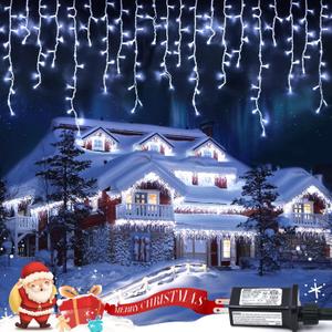 JMEXSUSS 38.8FT 400 LED Icicle Lights 8 Modes Waterproof Christmas Icicle Lights Outdoor with 80 Drops, 2 Pack Indoor Cool White Curtain Icicle Lights Plug in