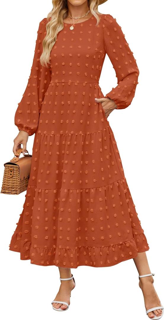 ZESICA Women's Spring Long Sleeve Maxi Dresses 2026 Crew Neck Swiss Dot Tiered Flowy A Line Wedding Cocktail Party Dress (Orange)