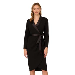 Adrianna Papell Stretch Crepe Tuxedo Faux Wrap Dress with Satin Shawl Collar Black 6