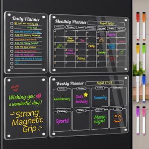 VNDUEEY Acrylic Fridge Calendar, 4 Pack Magnetic Calendars for Refrigerator, Magnetic Dry Erase Board Calendar for Fridge, 2026 Clear Monthly Weekly Daily Memo Planner Boards with 8 Color Markers