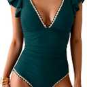 Women's One Piece Ruffle Swimsuit Tummy Control Bathing Suit V Neck Shell Stitched Swim Suit Slimming Swimwear (Medium, Peacock Green)