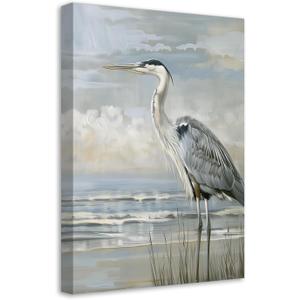 SWQYLB Heron Canvas Wall Art Bird Picture Grey Heron on Beach Picture Prints Abstract Coastal Animal Artwork for Rustic Farmhouse Decor Framed (Blue, 16.00" x 24.00")