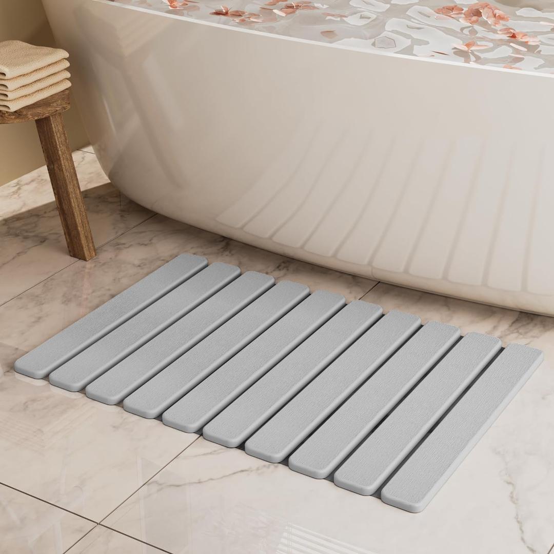 Foldable Stone Bath Mat, Quick Dry Stone Drying Mats For Bathroom, Super Absorbent Rollable Bath Mat, Non Slip, Large Diatomaceous Earth Dish Drying Mats For Kitchen Counter, 23.5 x 15.4in (Light Gray)