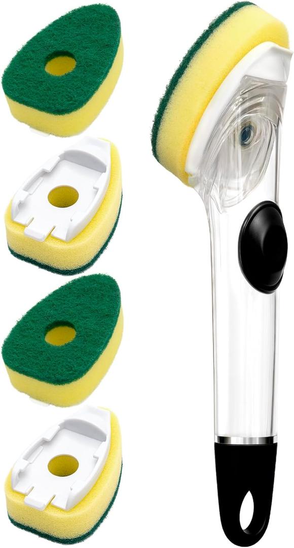 Heavy Duty Dishwand with Refills, Dish Wand Replacement Sponge Heads with Handle, Soap Control Dispenser Leak-Free Scrub, Non-Scratch Advanced Scrubber Brush Pads for Cleaning Dishes Sink Washing Tool