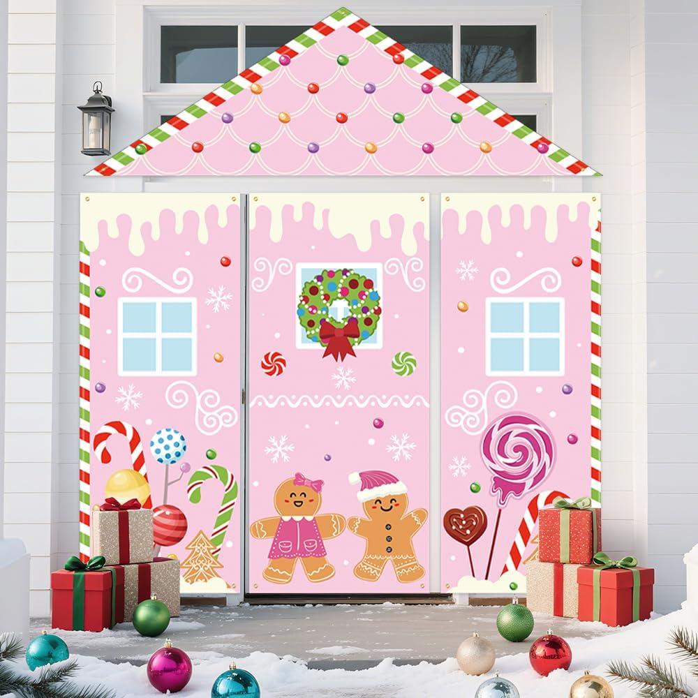 AIBIIN 4 Pcs Pink Christmas Gingerbread Door Decorations Xmas Gingerbread House Candy Door Covers Backdrop Christmas Hanging Banner Porch Sign for Holiday Classroom Office Home Party Decor
