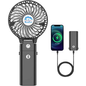 HandFan 5200mAh Portable Handheld Fan, Personal Hand Held Fan USB Rechargeable, 180 Foldable Portable & Detachable Handle Design,3 Speeds Strong Airflow Cooling for Travel/Outdoors/Indoors (Black)