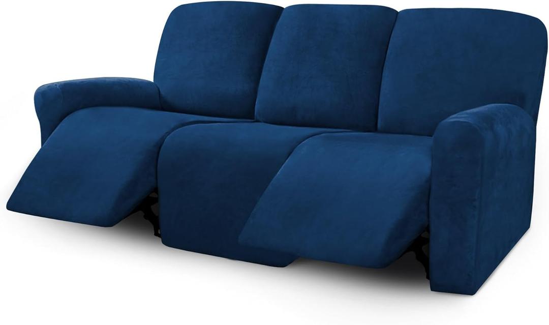 ULTICOR Velvet 8-Pieces Recliner Sofa Covers Stretch Reclining Couch Covers for 3 Cushion Reclining Sofa Slipcovers Furniture Covers Thick Soft Washable (3 Seater Recliner Cover, Navy)