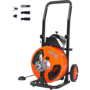 VEVOR Drain Cleaning Machine 50 FT x 3/8 Inch, Sewer Snake Machine Auto Feed, Drain Auger Cleaner with 4 Cutter & Air-Activated Foot Switch for 1" to 4" Pipes, Orange, Black