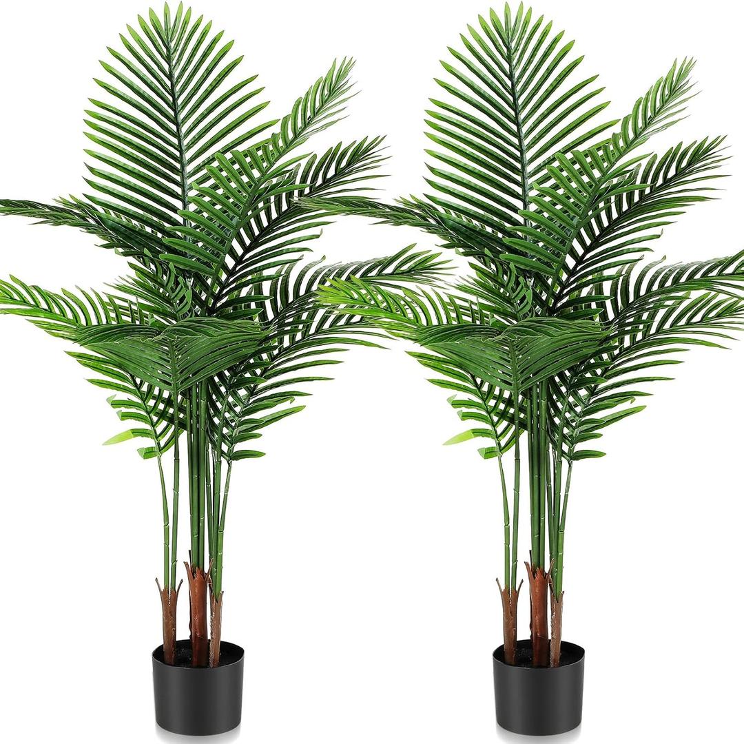 Jexine 2 Pack Artificial Palm Trees 3Ft, Fake Plants Fake Trees Artificial Areca Palm Plants for Outdoor Indoor Faux Tree in Pot for Pool Home Decor Office Housewarming Gift Modern Decoration