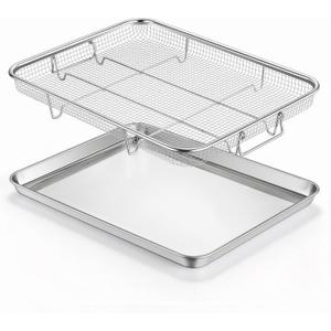 E-far Air Fryer Basket for Oven, Large 16 x 12 Stainless Steel Air Fryer Pan and Crisper Tray, Air Fryer Rack with Baking Pan for Crisper Foods Frying Healthy Cooking, Dishwasher Safe
