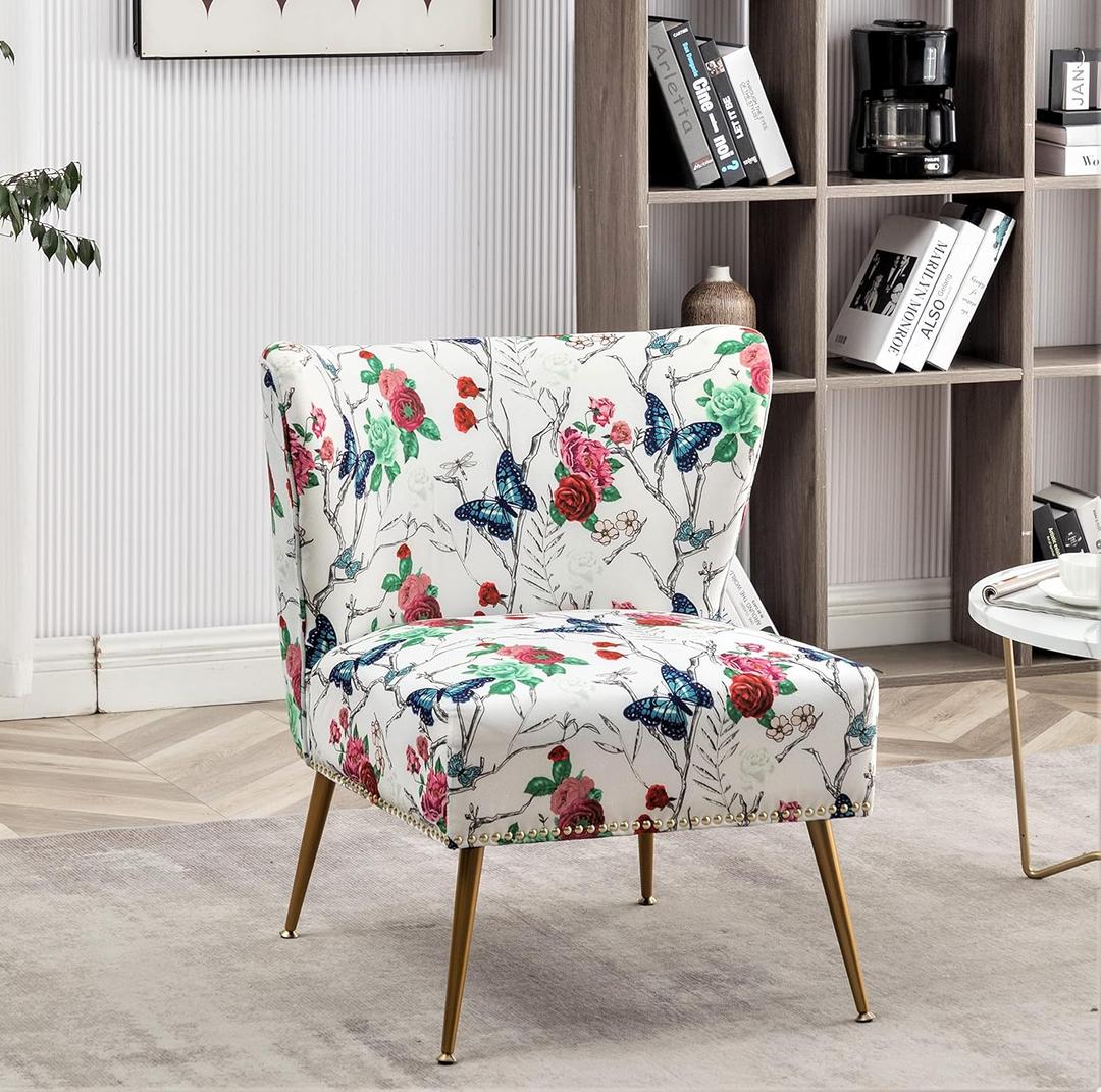 Container Furniture Direct Thia Armless Accent Chair for Living Room, Elegant Seat with Nailhead Trim, Gold Metal Legs and Comfortable Curved Back, 28" D x 25" W x 29.5" H, 05 Floral Print
