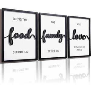 3D Wood Bless The Food Before Us Wall Decor, 36" x 16" Framed Kitchen Wall Art for Dining Room Wall Decor(Ready to Hang, 12x16 inches, Set of 3, Framed)