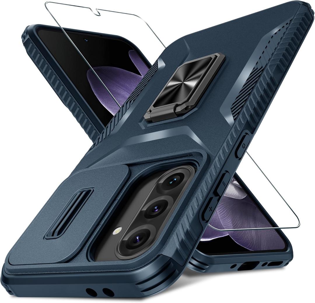 Compatible with Samsung Galaxy A36/A56 5G Case with Slide Camera Cover+Screen Protector+Metal Rotated Kickstand,Tough Hybrid Heavy Duty Shockproof Protective Phone Cover,2025 Blue