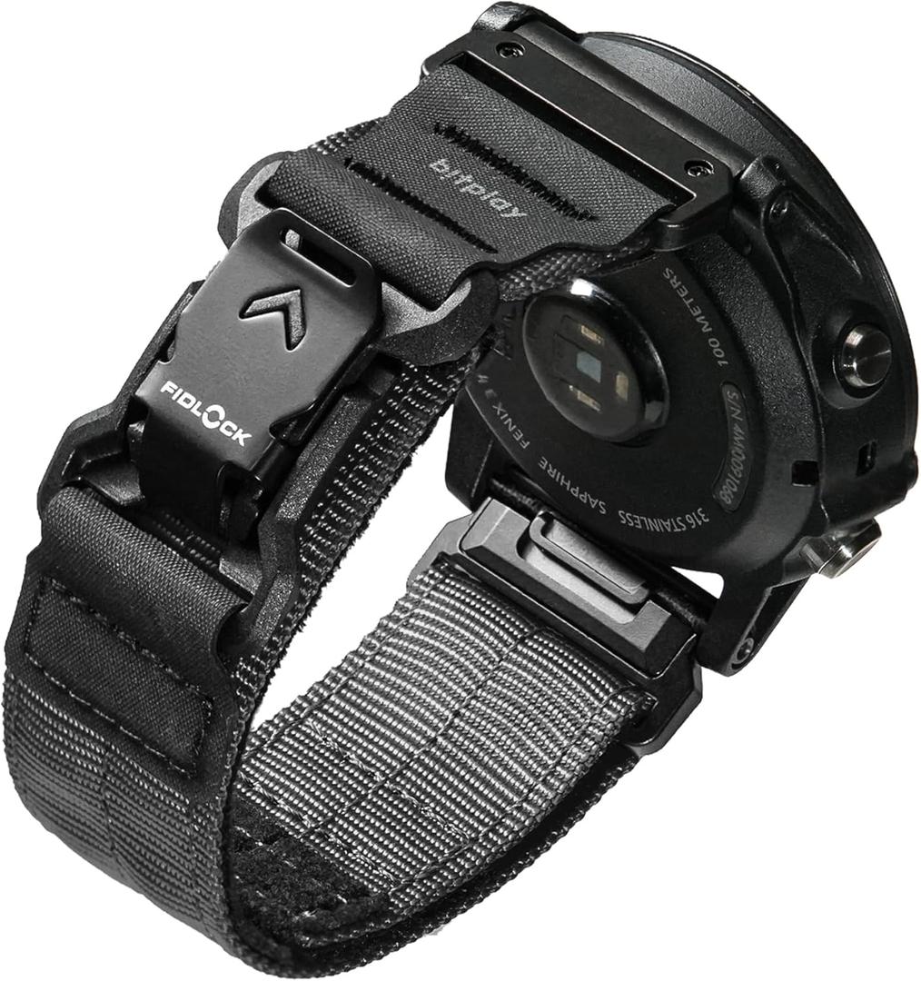 Bitplay QuickFit Watch Band 22mm / 26mm Magnetic Fidlock Buckle, Quick Releaase, Compatible with Garmin Forerunner, Fenix, Instinct, Quatix Series, Reinforced Nylon & Hypalon Strap (Dark Black)