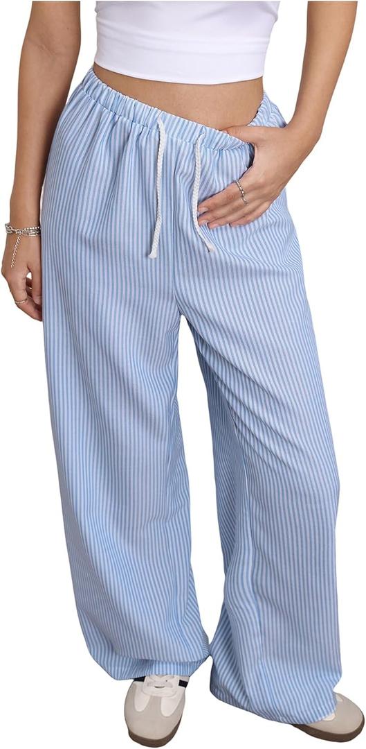 Women's Striped Print Straight Wide Leg Linen Pants Drawstring Waist Slant Pockets Pants Casual Long Pants (X-Large)