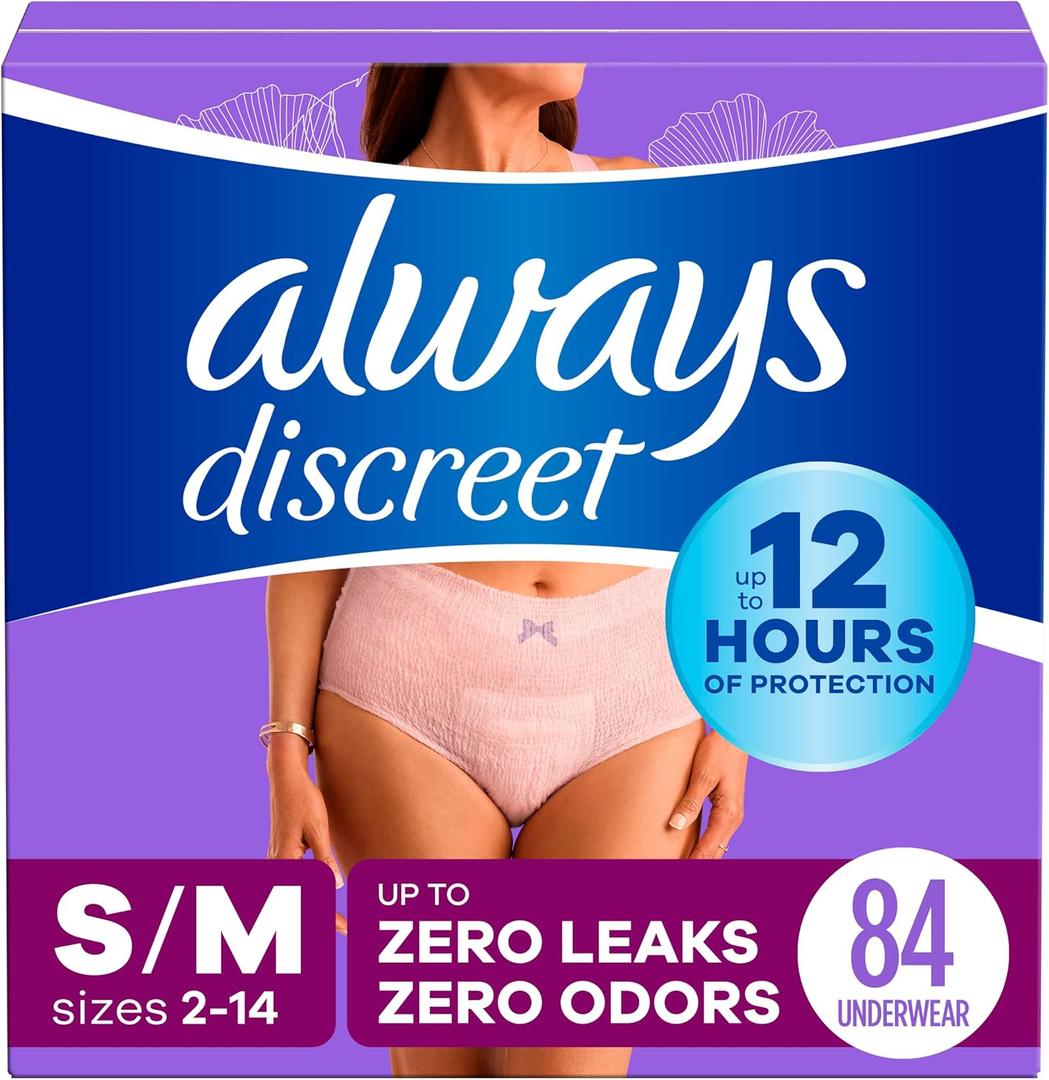 Always Discreet Adult Incontinence Underwear for Women and Postpartum Underwear, S/M, Up to 100% Bladder Leak Protection, 84 Count (Packaging May Vary) (Small/Medium)