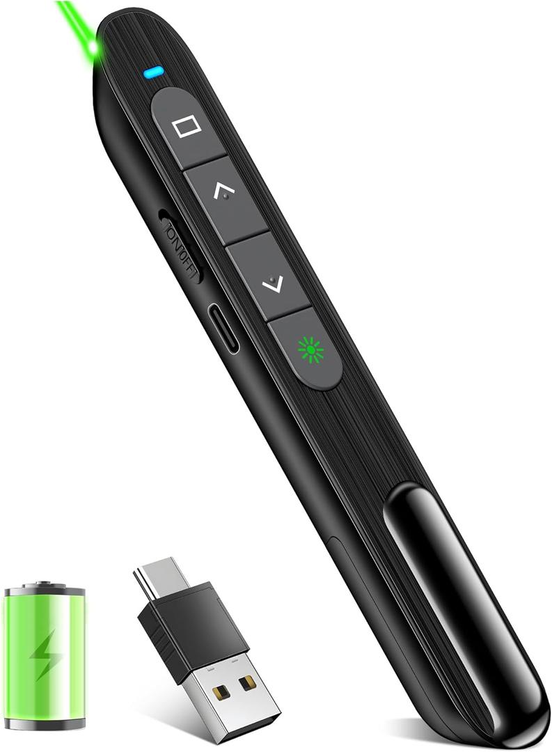 Presentation Clicker Green Laser Light BT/RF 2.4GHz Dual Modes, Rechargeable Wireless Presenter Remote for Powerpoint Presentations Pointer Slide Clicker for Mac Computer