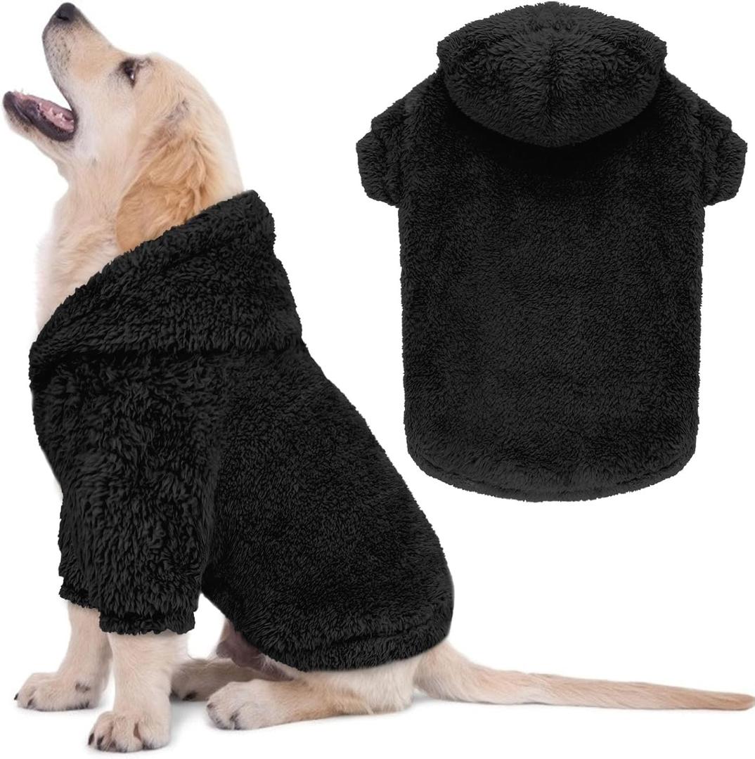Fuzzy Dog Sweaters for Small Dogs Dog Hoodie Soft Double-Sided Plush Fleece Pet Sweater Clothes Pet Coats Hoodie Sherpa Hooded Sweatshirt, Black-L