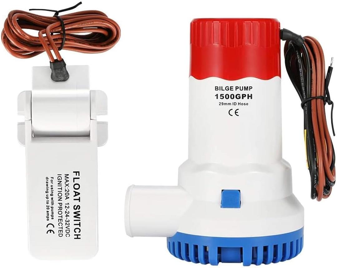 12V 1500 GPH Non-Automatic Bilge Pump Kit with Float Switch, Submersible Boat Marine Water Pump Combo, Water-Cooled Motor, 1-1/8" Outlet, Low Noise for Boats, Yachts, Ponds, Pools