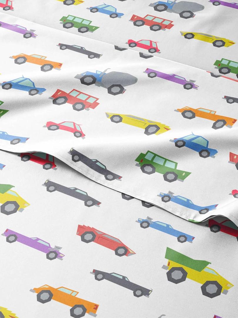 Kids Full Size Car Bed Sheets - 4 Piece Cars Sheet Set - Cartoon Truck Bedding - Ultra-Soft, Cute & Cozy - Comfy, Breathable & Machine Washable - Transport Bed Set for Boys, Girls, Teens and Toddlers