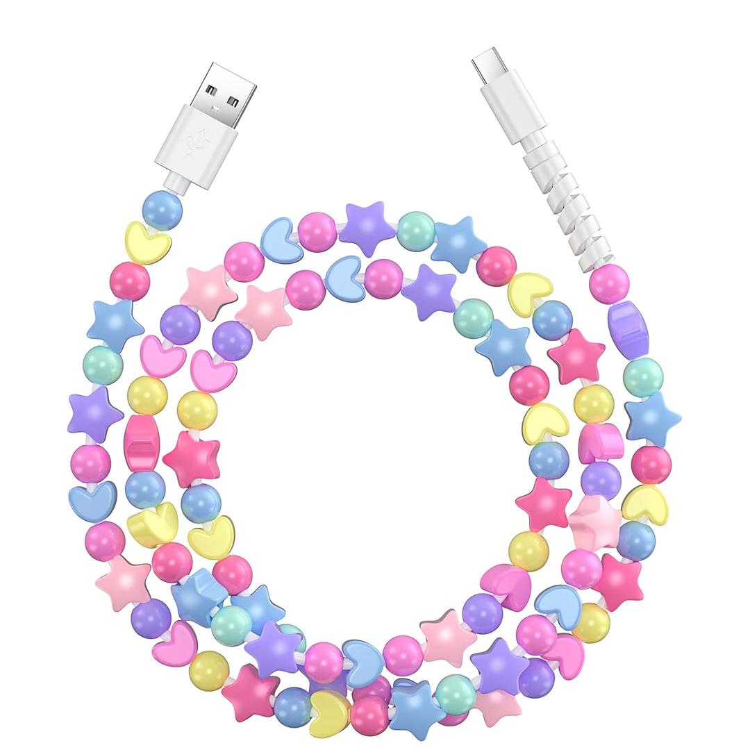 VOFUOE USB to USB C Cable for iPhone 17 Charging Cord Type C Fast Charging Stars Bead Chain Charging Cable for Women 3.3FT for iPhone 16/15, Galaxy S24/S25 Ultra, for iPad 11th/10th -Candy Color