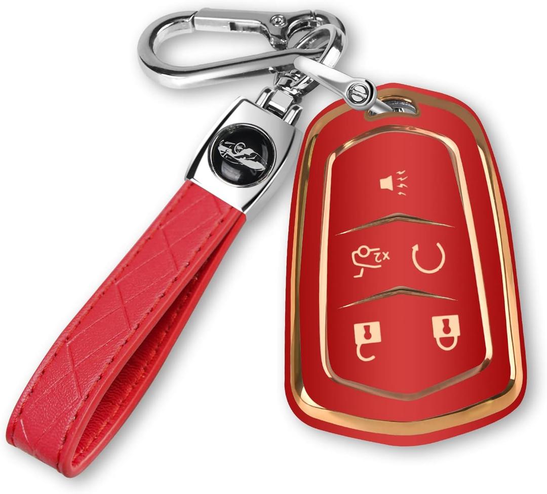 MILD EAST For Cadillac Key Fob Cover with Keychain TPU Protector Suitable for Cadillac Escalade CTS SRX XT5 ATS STS CT6 Key Shell Case Holder (Red)